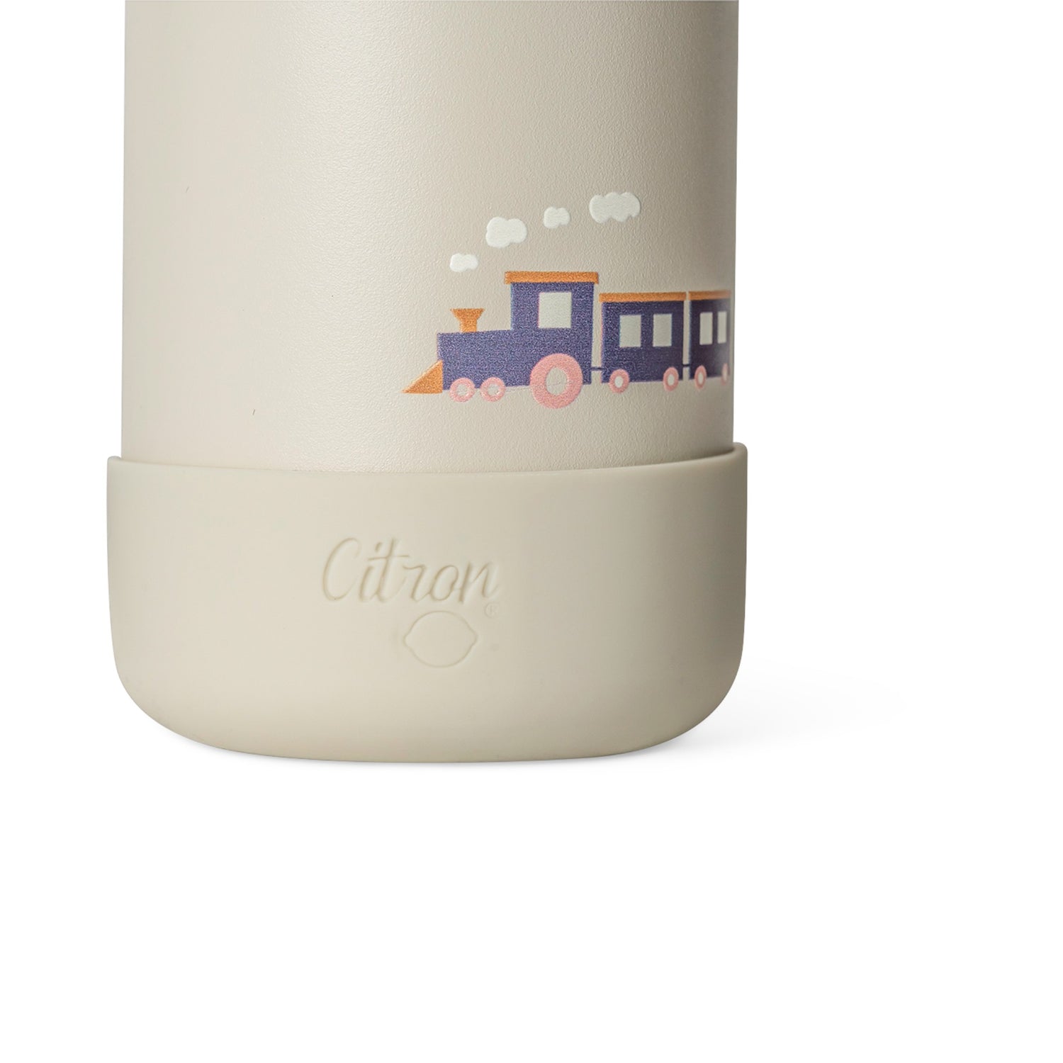 Lil Bunnies - The Collective 250ml beige mini water bottle featuring a cute train illustration and protective base.