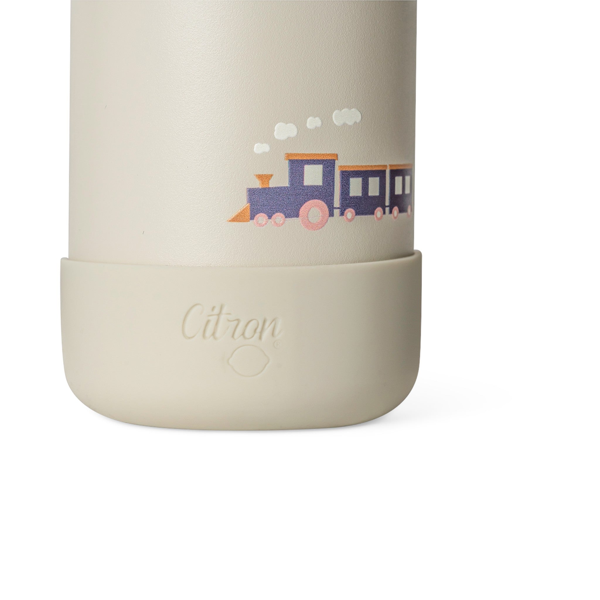 Lil Bunnies - The Collective 250ml beige mini water bottle featuring a cute train illustration and protective base.