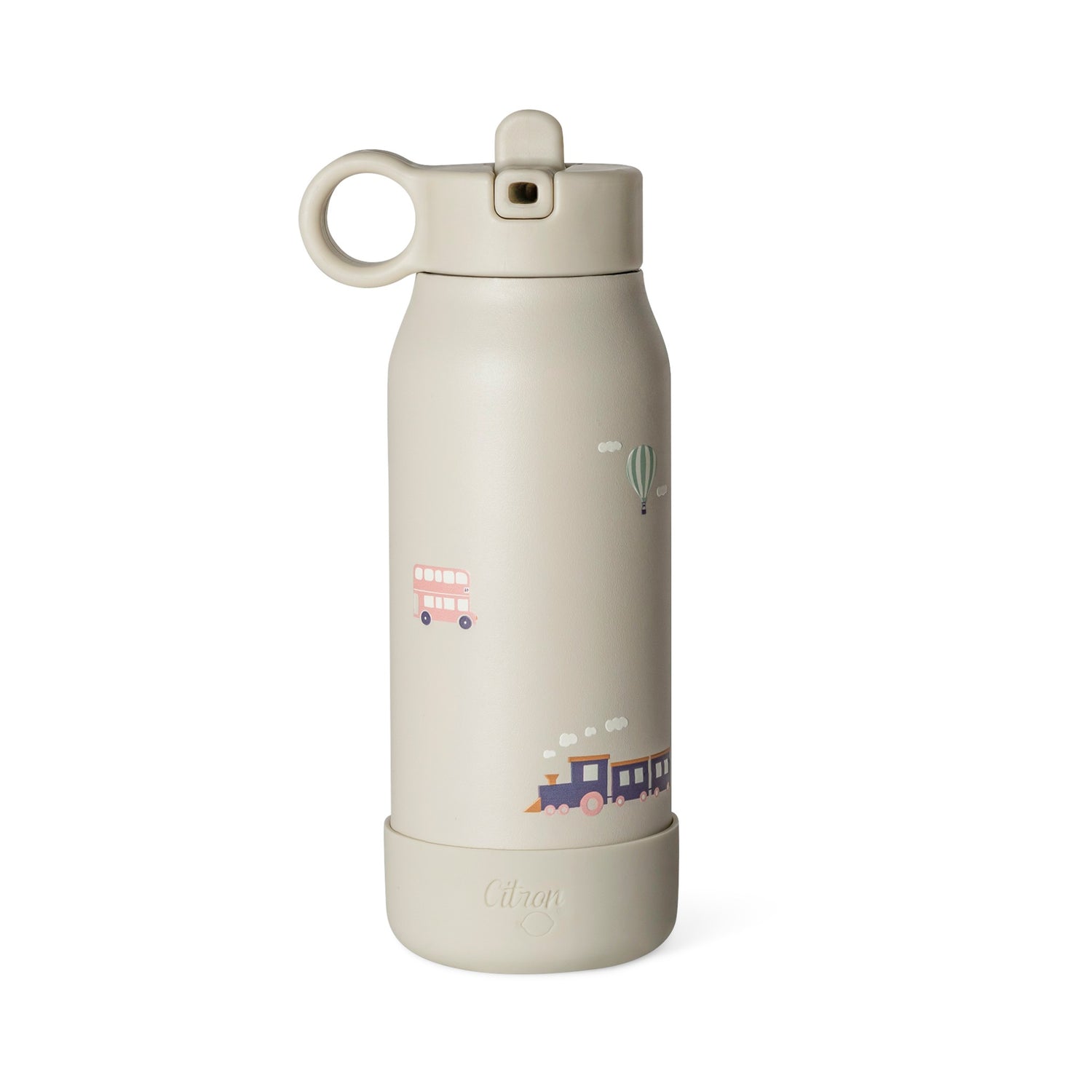 Lil Bunnies - The Collective 250ml beige mini water bottle featuring colourful vehicle illustrations for children.