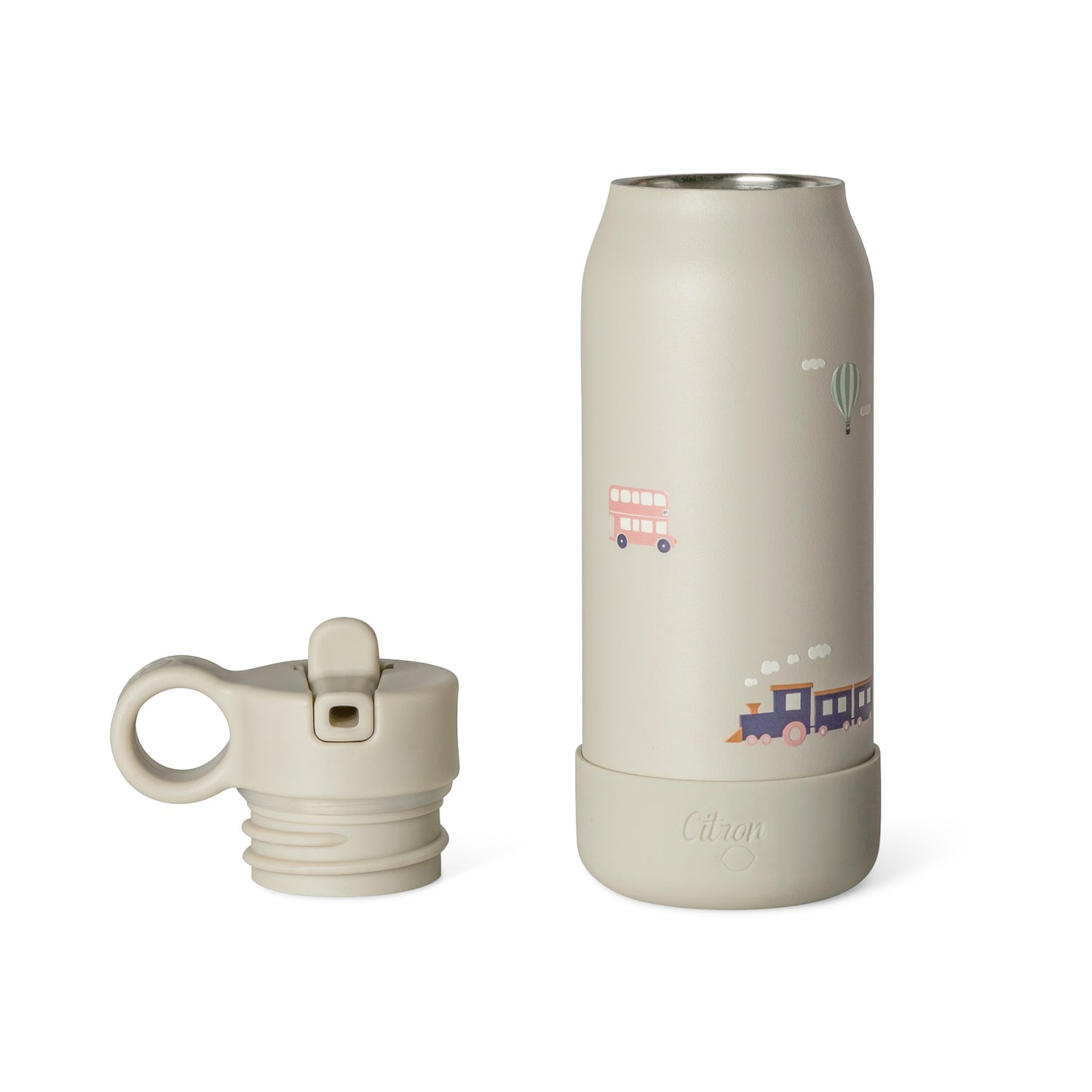 Lil Bunnies - The Collective 250ml beige mini water bottle with vehicle print and detachable lid