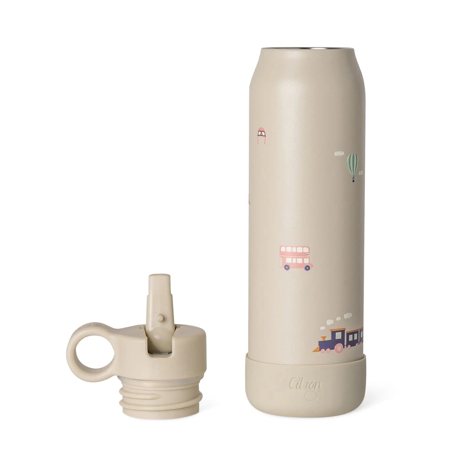 Lil Bunnies - The Collective 350ml beige stainless steel water bottle with colourful vehicle and transport print