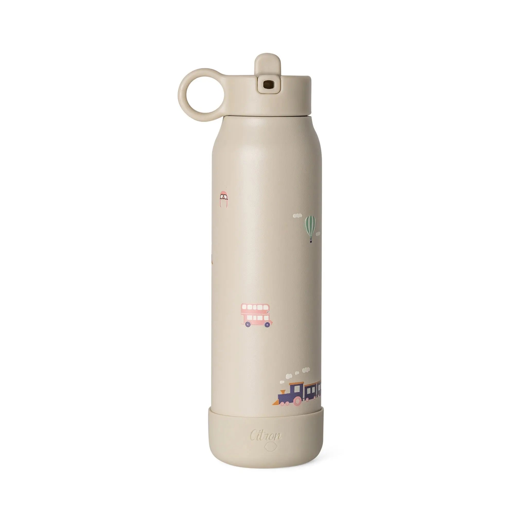 Lil Bunnies - The Collective 350ml beige stainless steel water bottle with cute vehicle illustrations and carry loop