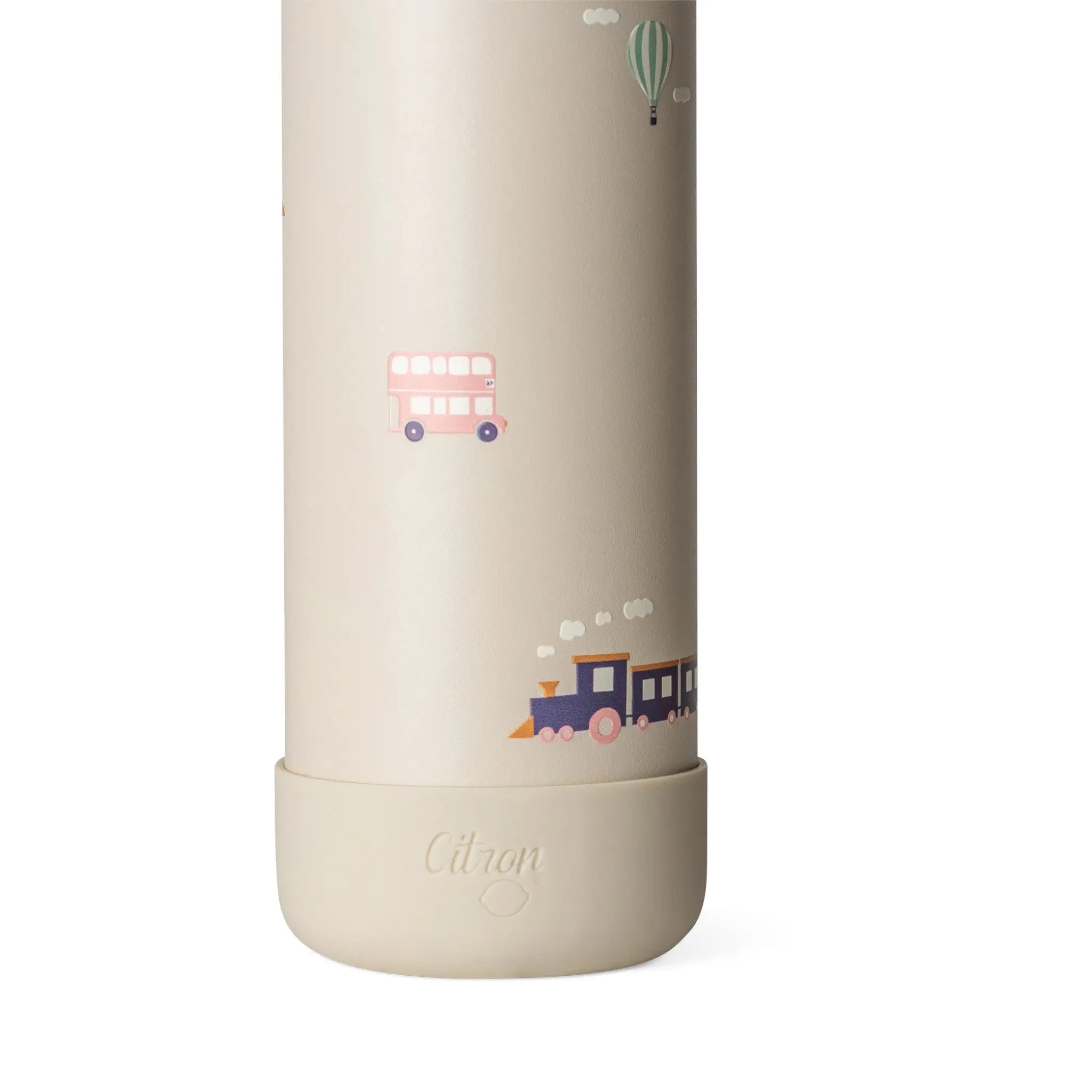Lil Bunnies - The Collective 350ml beige water bottle featuring colourful vehicle illustrations like a train and bus.