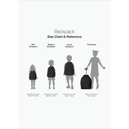 Lil Bunnies - The Collective Grand Backpack size chart showing four black backpacks of varying sizes and features
