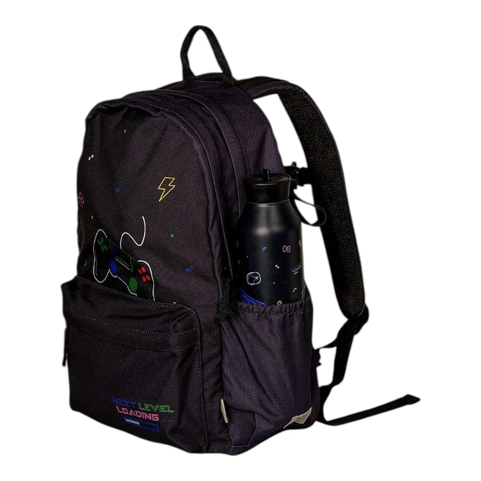 Lil Bunnies - The Collective black gaming backpack with controller print, side bottle pocket, and Next Level text.