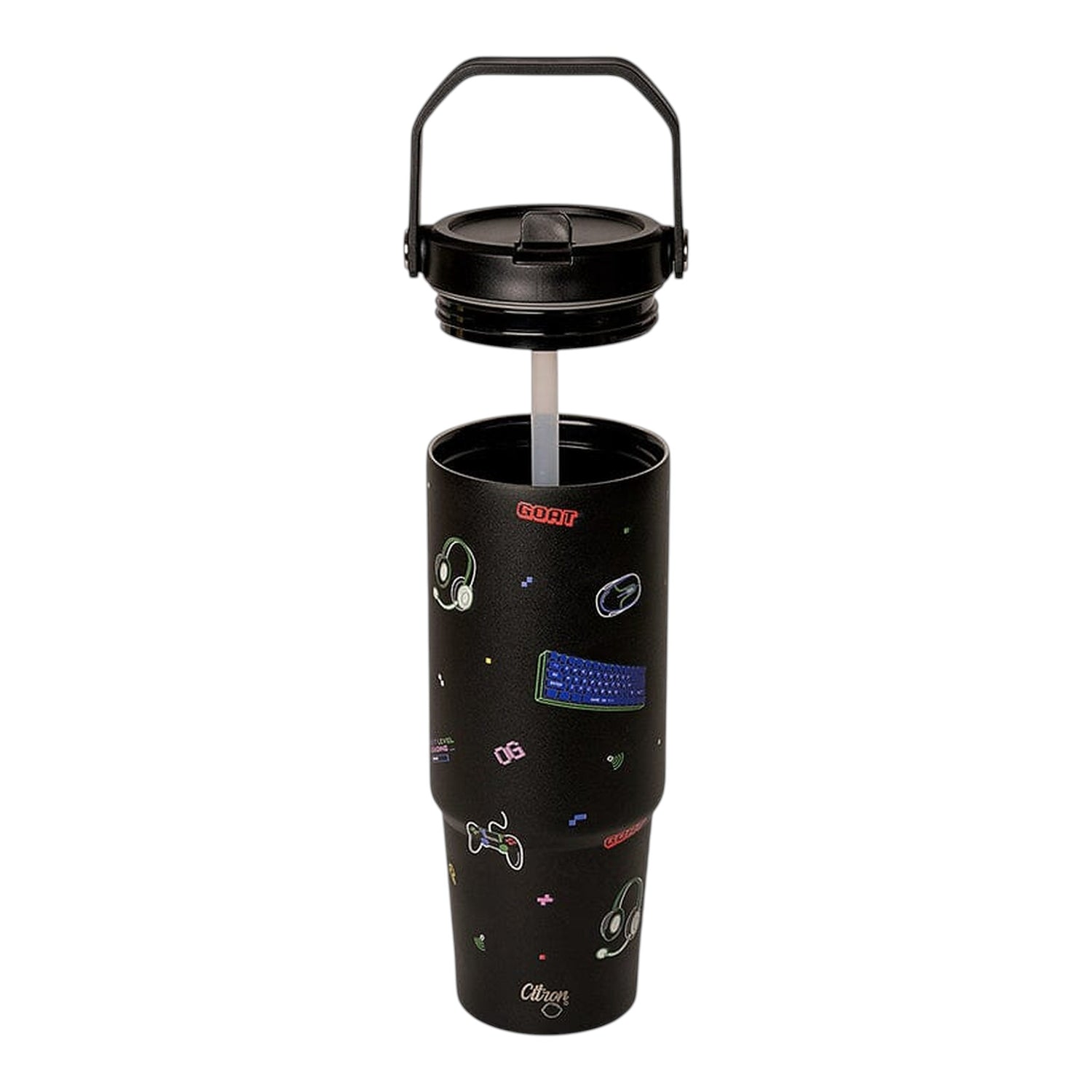 Lil Bunnies - The Collective 900ml black insulated gaming tumbler with straw and removable lid featuring neon icons