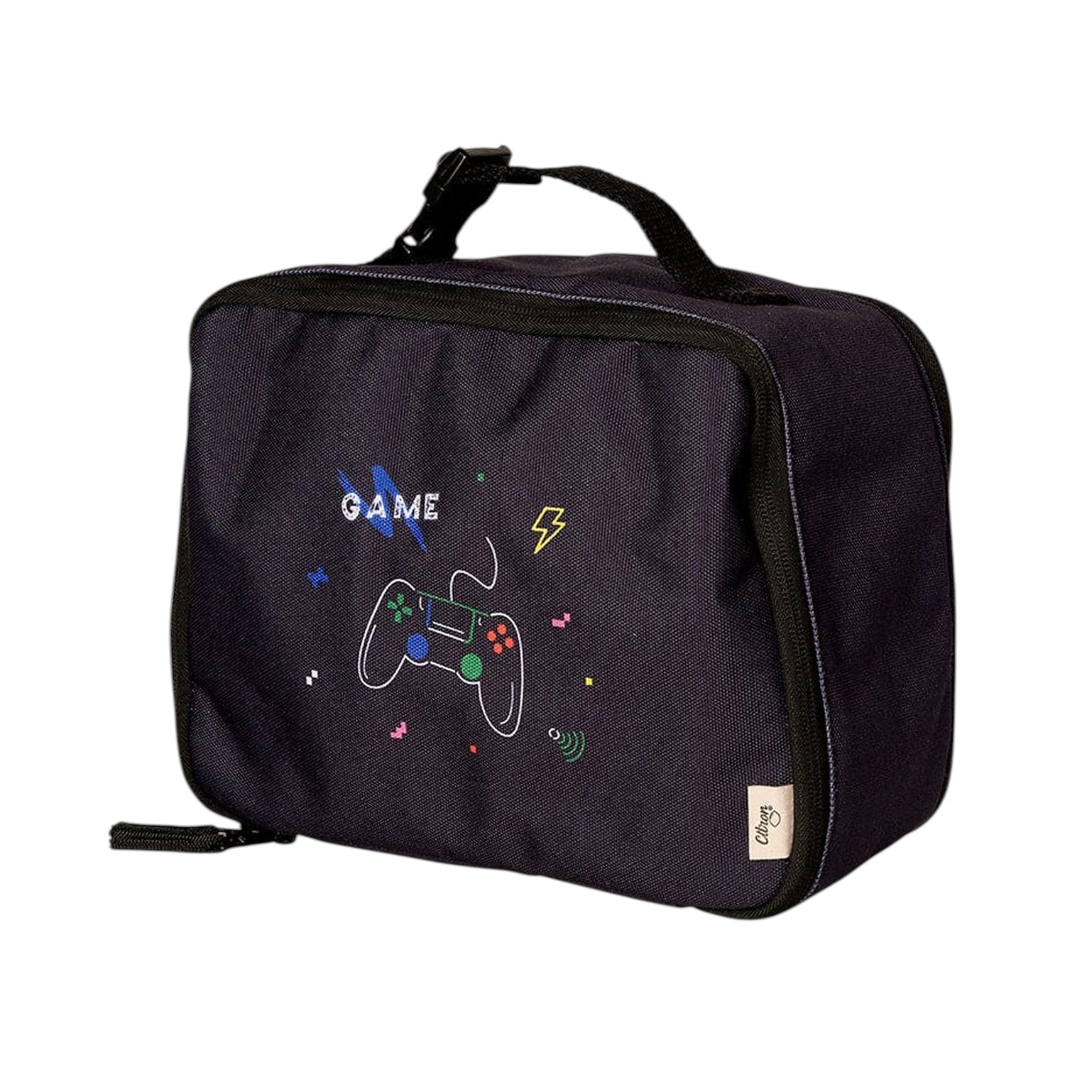 Lil Bunnies - The Collective insulated square lunch bag in black with a colourful gaming controller graphic