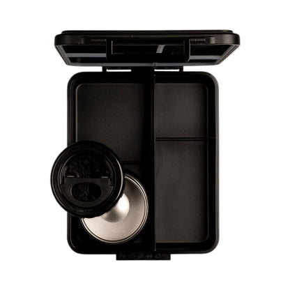 Lil Bunnies - The Collective black gaming lunchbox with an integrated insulated food jar and divided compartments.