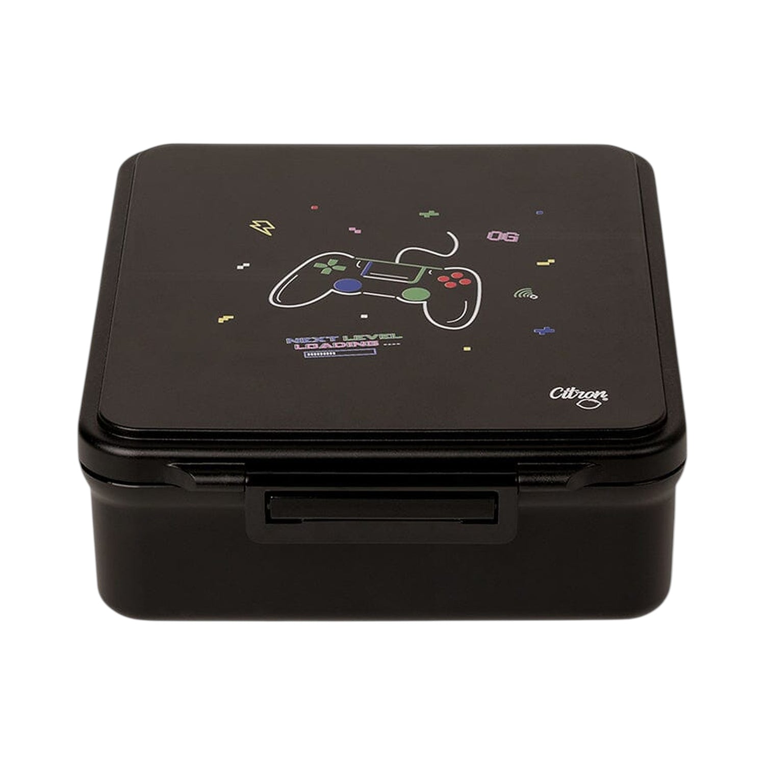 Lil Bunnies - The Collective black gaming-themed lunchbox with a video game controller graphic and loading bar design.