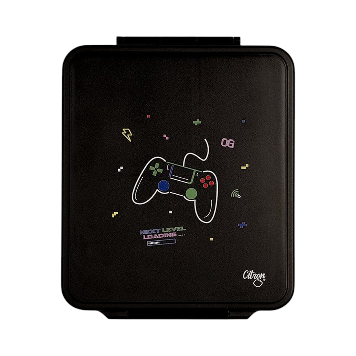 Lil Bunnies - The Collective black gaming-themed lunchbox with a white controller graphic and pixel art accents
