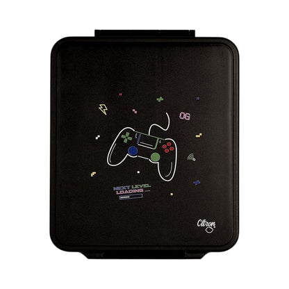 Lil Bunnies - The Collective black gaming-themed lunchbox with a white controller graphic and pixel art accents