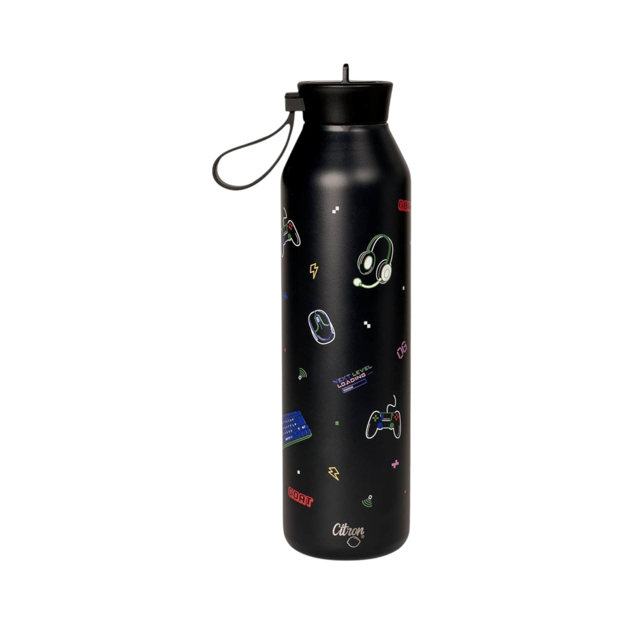 Lil Bunnies - The Collective 750ml black gaming water bottle with neon-style controller and headset icons