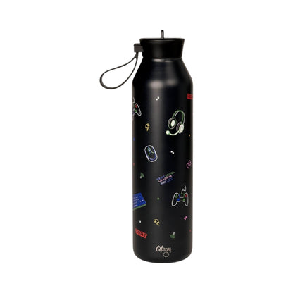 Lil Bunnies - The Collective 750ml black gaming water bottle with neon-style controller and headset icons
