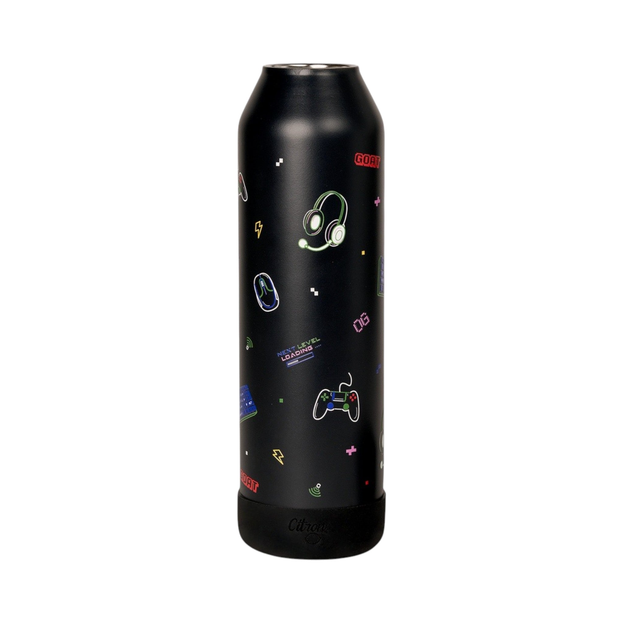Lil Bunnies - The Collective 750ml black gaming water bottle with neon-style controller and headset icons