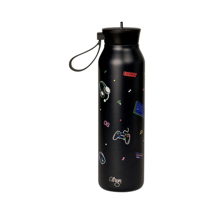 Lil Bunnies - The Collective 500ml black gaming water bottle with colourful pixel art icons and a carry loop