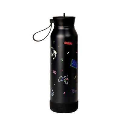 Lil Bunnies - The Collective 500ml black gaming water bottle with colourful pixel art icons and a carry loop
