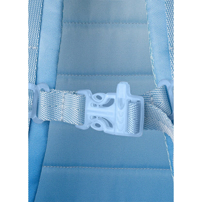 Lil Bunnies - The Collective blue backpack chest strap with a plastic buckle closure and adjustable nylon webbing.