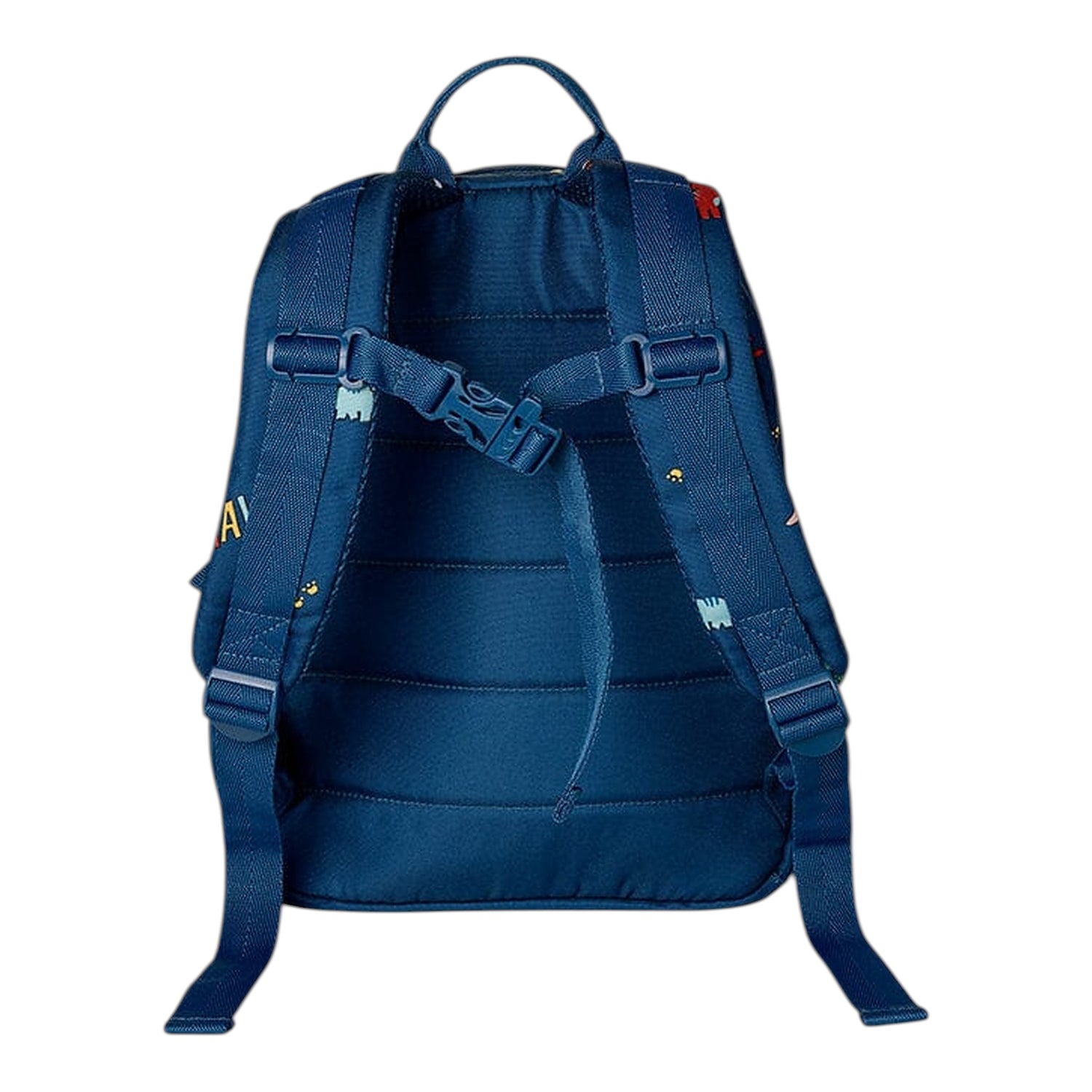 Lil Bunnies - The Collective blue medium backpack with dinosaur print, padded back, and adjustable chest strap.