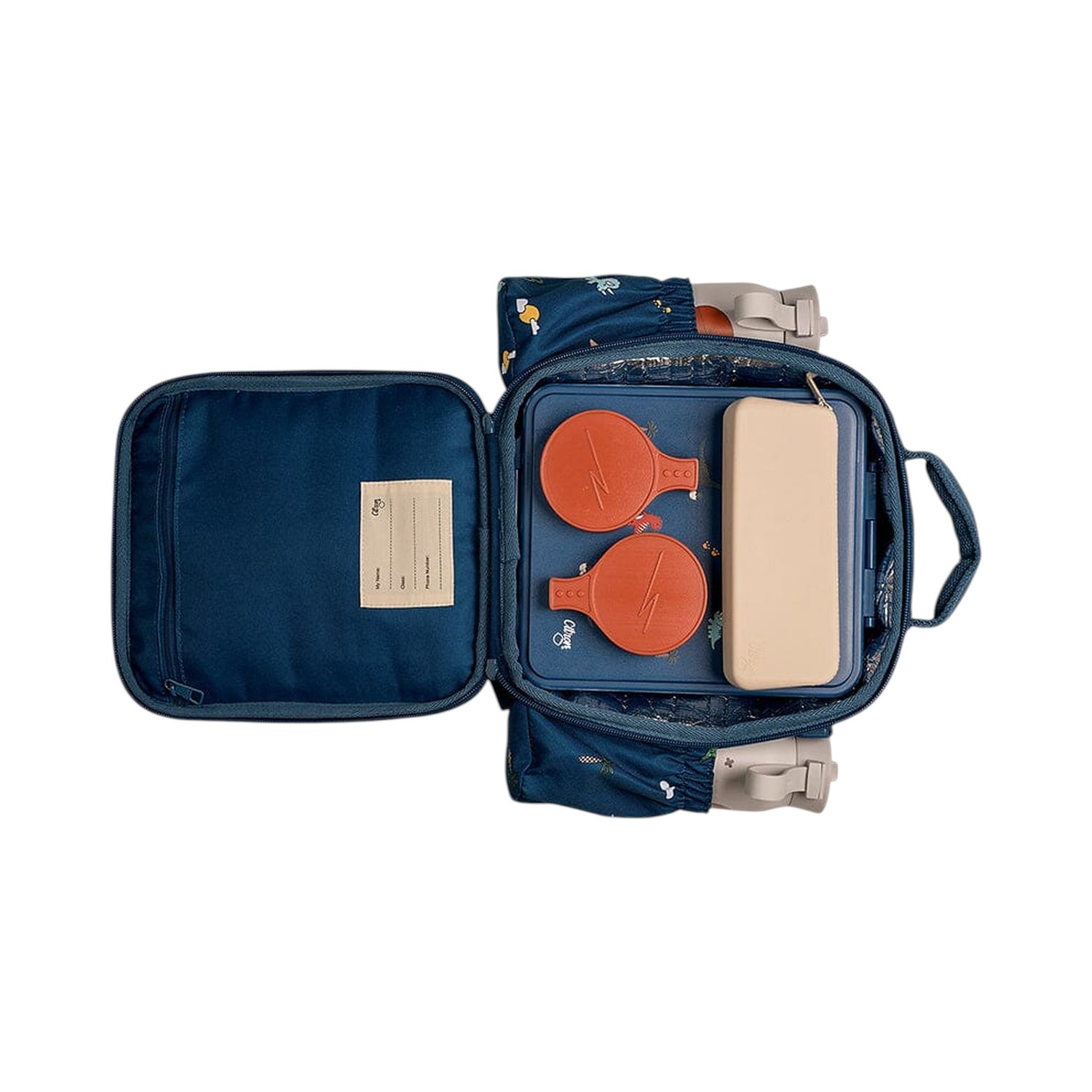 Lil Bunnies - The Collective blue insulated lunchbag backpack with dinosaur print, open view showing food containers