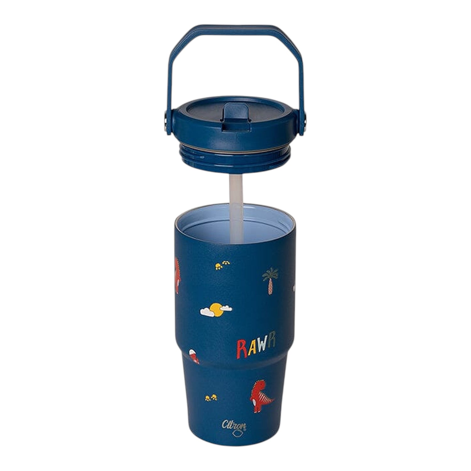 Lil Bunnies - The Collective 600ml blue insulated tumbler featuring a playful dinosaur pattern and straw lid