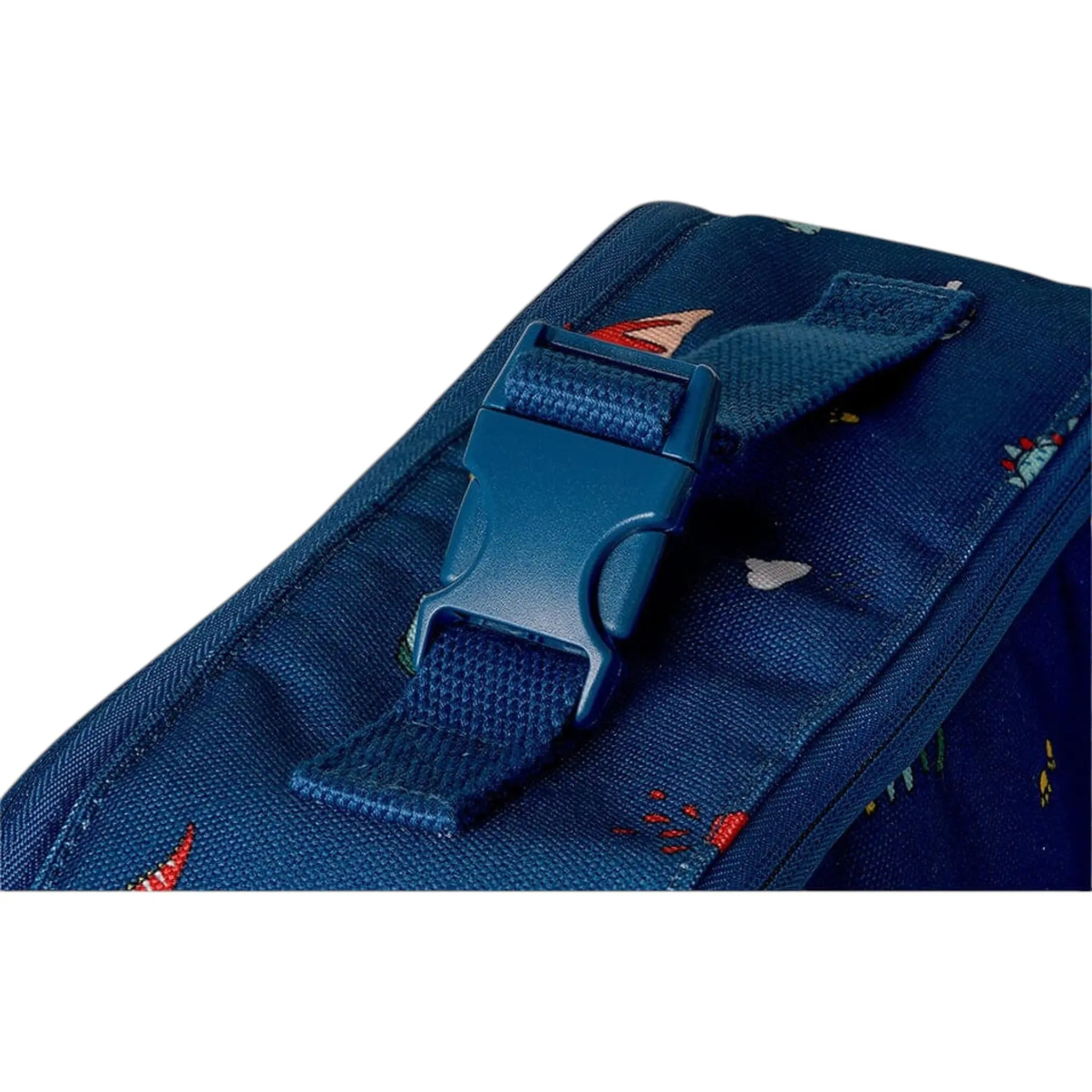Lil Bunnies - The Collective blue insulated lunch bag featuring a dinosaur print and a secure plastic buckle strap