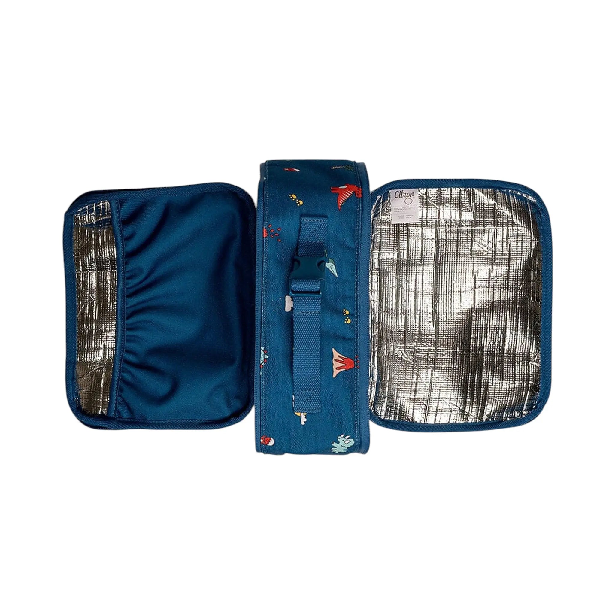 Lil Bunnies - The Collective blue insulated square lunch bag with dinosaur print and silver thermal lining