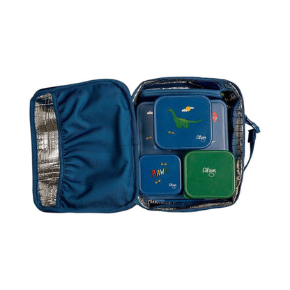 Lil Bunnies - The Collective blue insulated square lunch bag containing three matching dinosaur-themed food containers