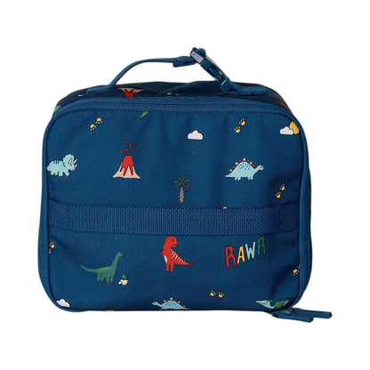 Lil Bunnies - The Collective insulated square lunch bag in blue with a colourful dinosaur and volcano print