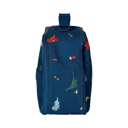 Lil Bunnies - The Collective insulated square lunch bag in blue with a colourful dinosaur pattern and top handle.