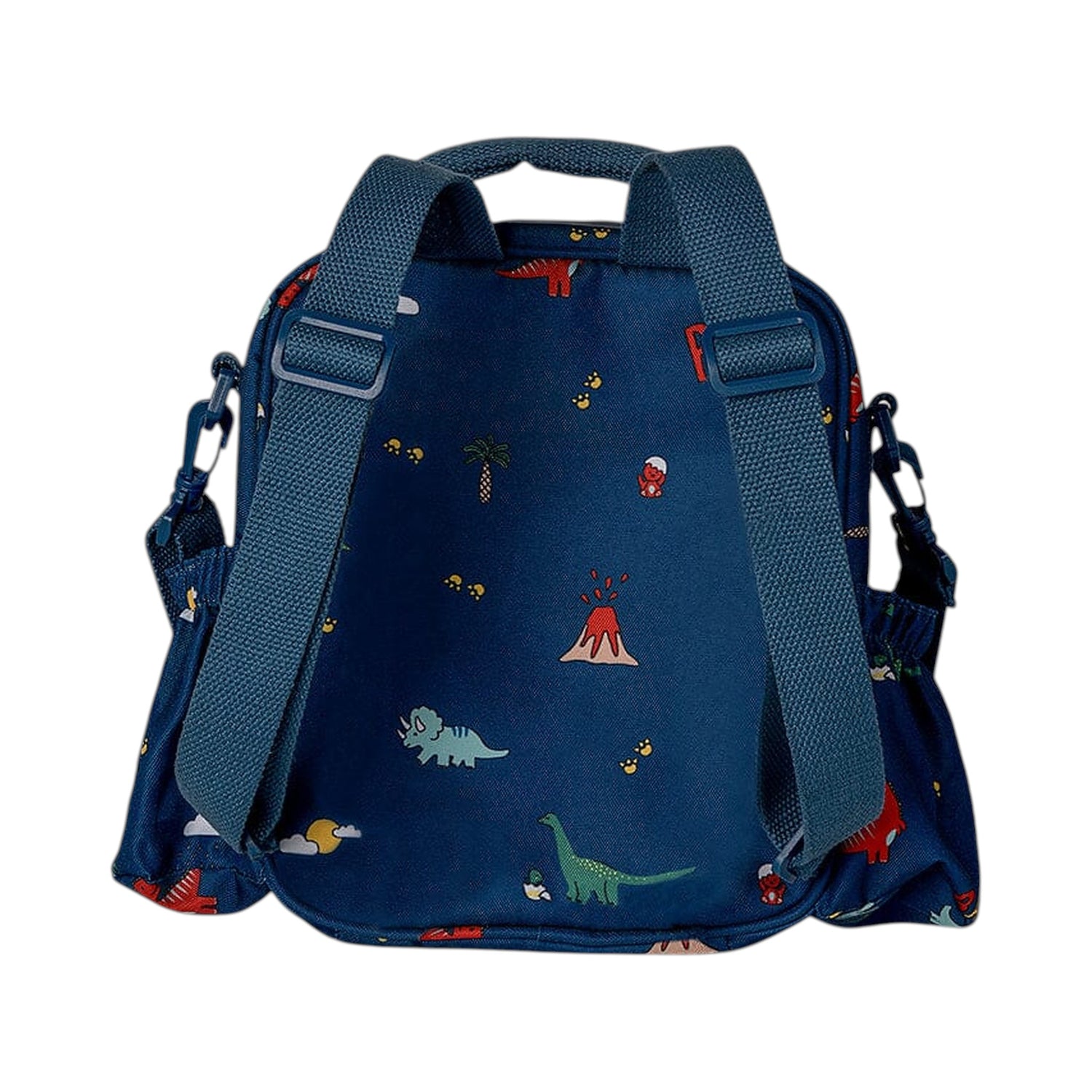 Lil Bunnies - The Collective blue insulated lunchbag backpack featuring a fun dinosaur, volcano, and palm tree print.