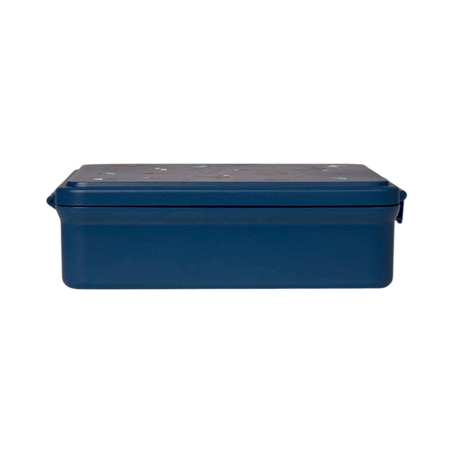 Lil Bunnies - The Collective blue lunchbox featuring a playful dinosaur pattern on the lid, side view.