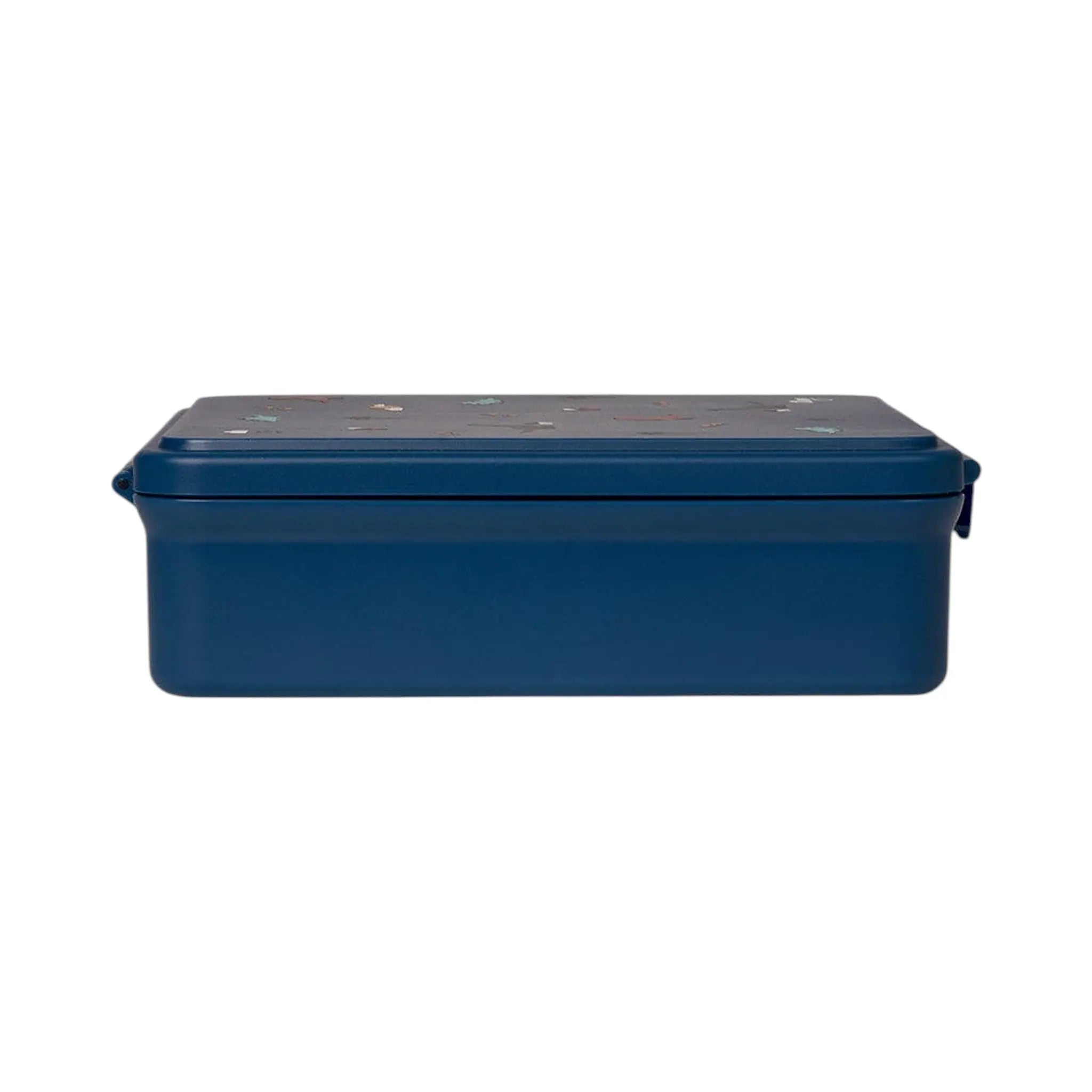 Lil Bunnies - The Collective blue lunchbox featuring a playful dinosaur pattern on the lid, side view.