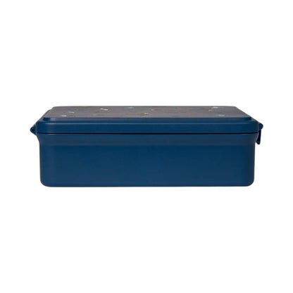 Lil Bunnies - The Collective blue lunchbox featuring a playful dinosaur pattern on the lid, side view.