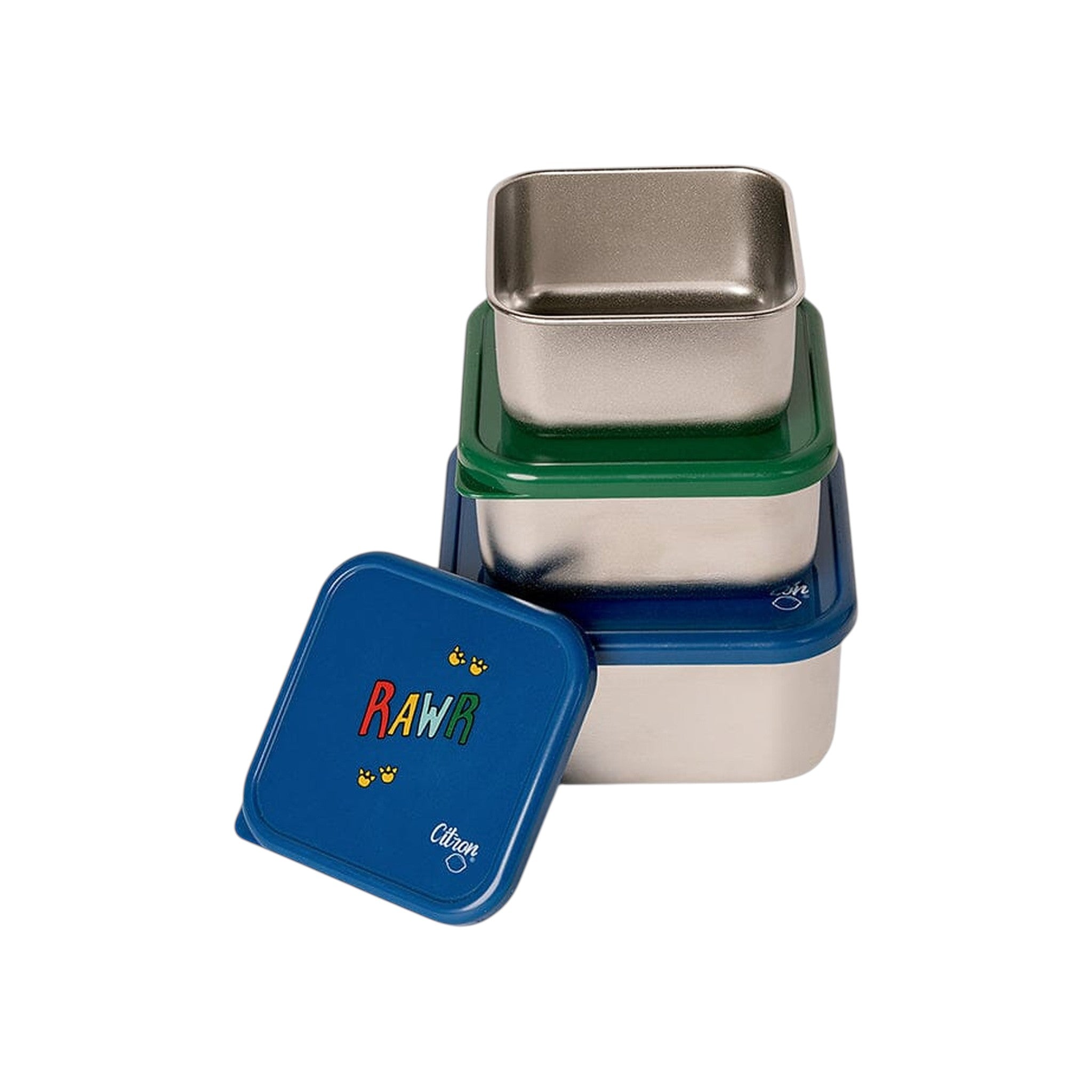 Lil Bunnies - The Collective blue stainless steel stackable lunchbox set with dinosaur RAWR print and green lid