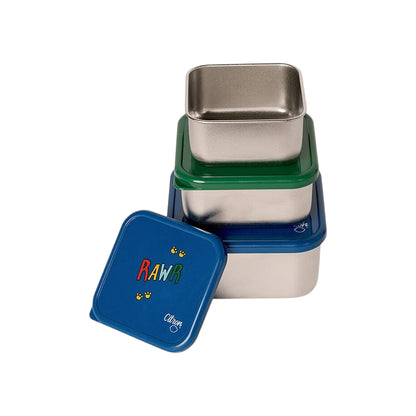 Lil Bunnies - The Collective blue stainless steel stackable lunchbox set with dinosaur RAWR print and green lid