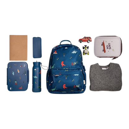 Lil Bunnies - The Collective blue dinosaur print medium backpack with matching lunch box, water bottle, and accessories