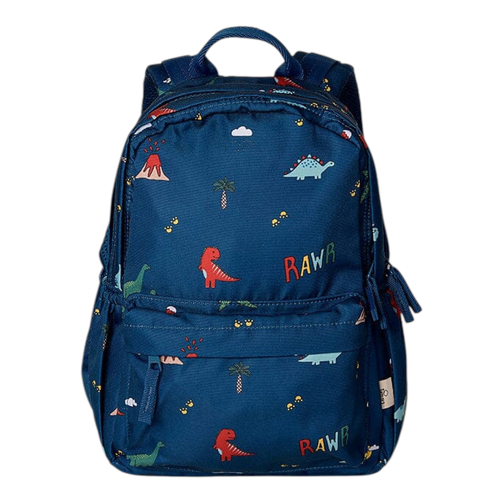 Lil Bunnies - The Collective medium blue backpack featuring a playful dinosaur, volcano, and RAWR print pattern.