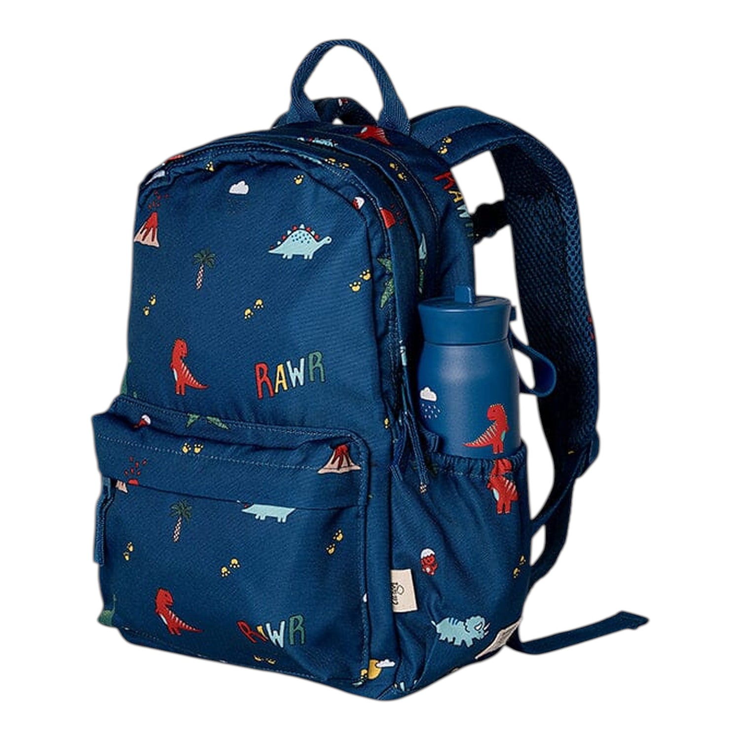 Lil Bunnies - The Collective blue medium backpack featuring a colourful dinosaur and volcano print with a side pocket