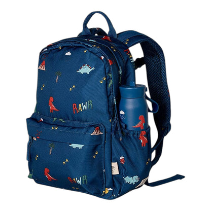 Lil Bunnies - The Collective blue medium backpack featuring a colourful dinosaur and volcano print with a side pocket