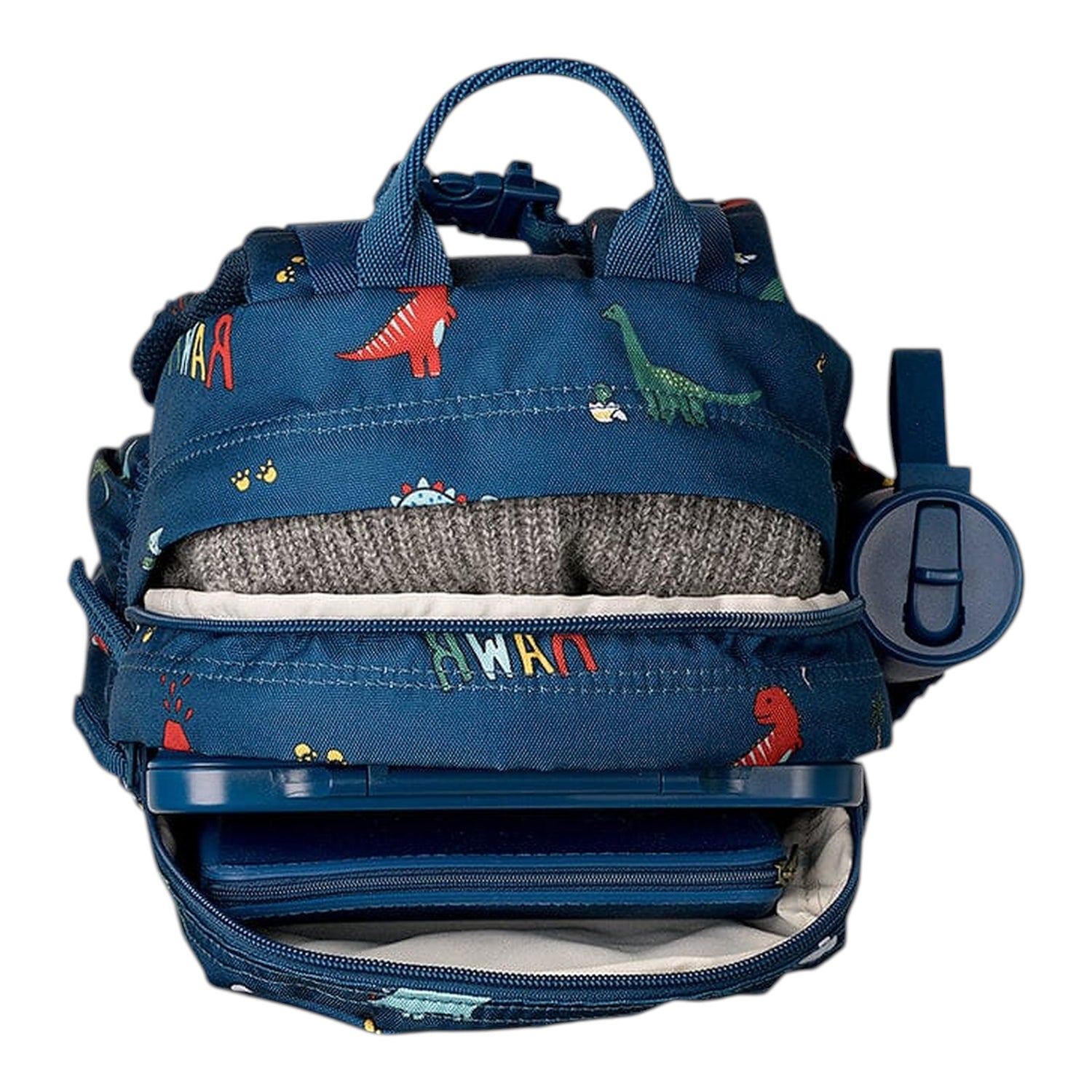 Lil Bunnies - The Collective blue dinosaur print medium backpack with open compartments showing interior storage