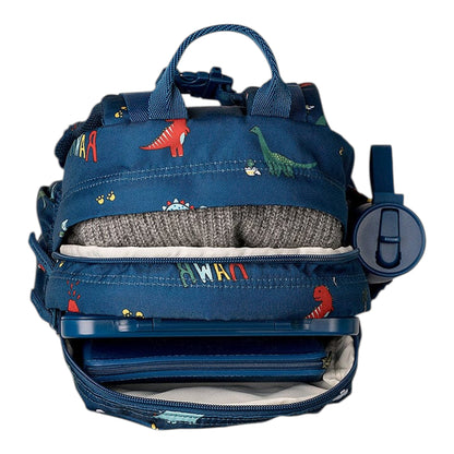 Lil Bunnies - The Collective blue dinosaur print medium backpack with open compartments showing interior storage
