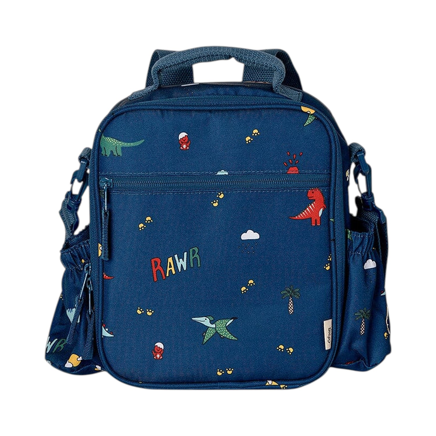 Lil Bunnies - The Collective blue insulated lunchbag backpack featuring a colourful dinosaur and RAWR print pattern.
