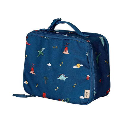 Lil Bunnies - The Collective blue insulated square lunch bag featuring a playful dinosaur and volcano print.