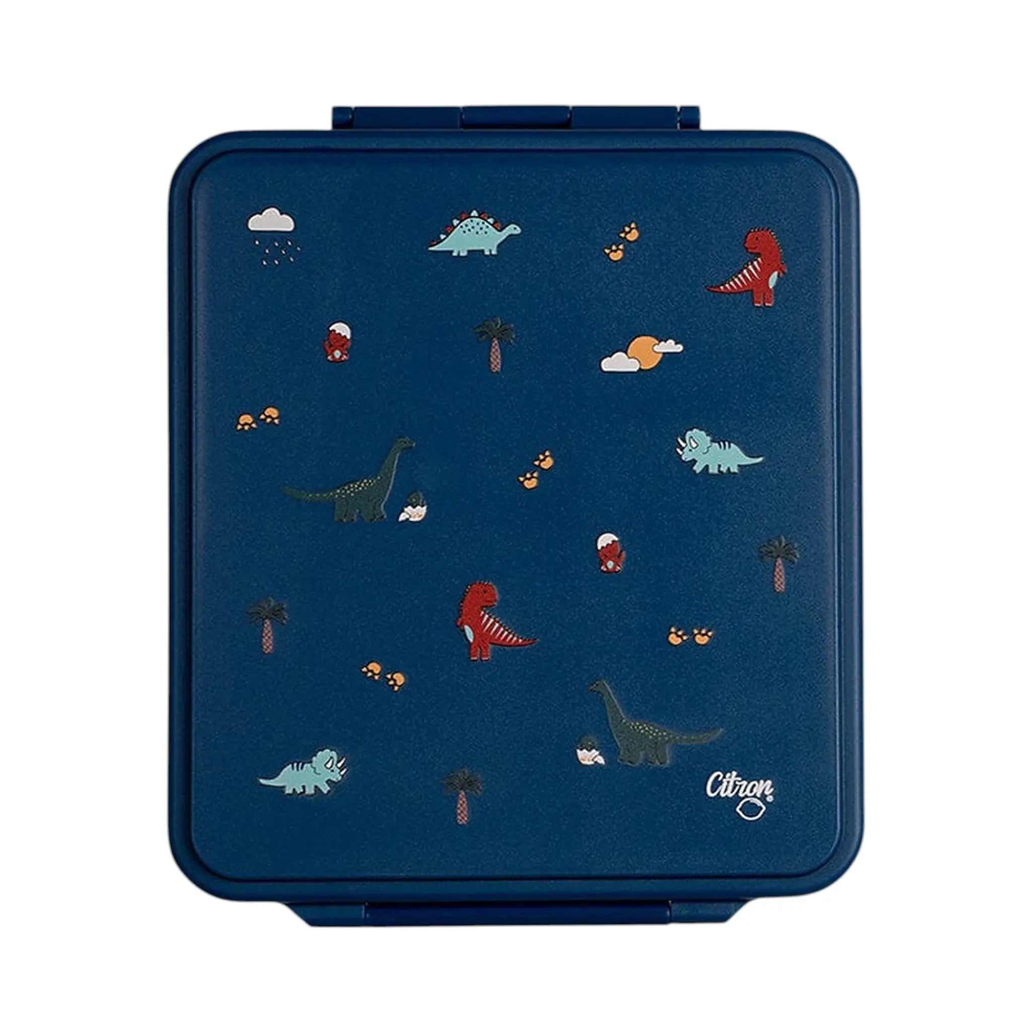 Lil Bunnies - The Collective blue lunchbox featuring a playful dinosaur pattern with palm trees and clouds