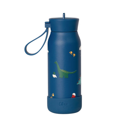 Lil Bunnies - The Collective 250ml blue stainless steel water bottle with dinosaur print and silicone base