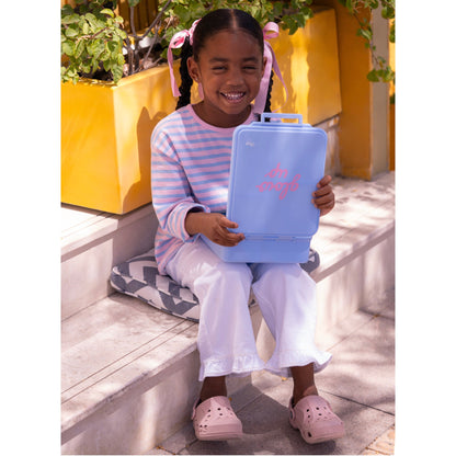 Lil Bunnies - The Collective blue glowup grand lunchbox with insulated food jar held by a smiling young girl