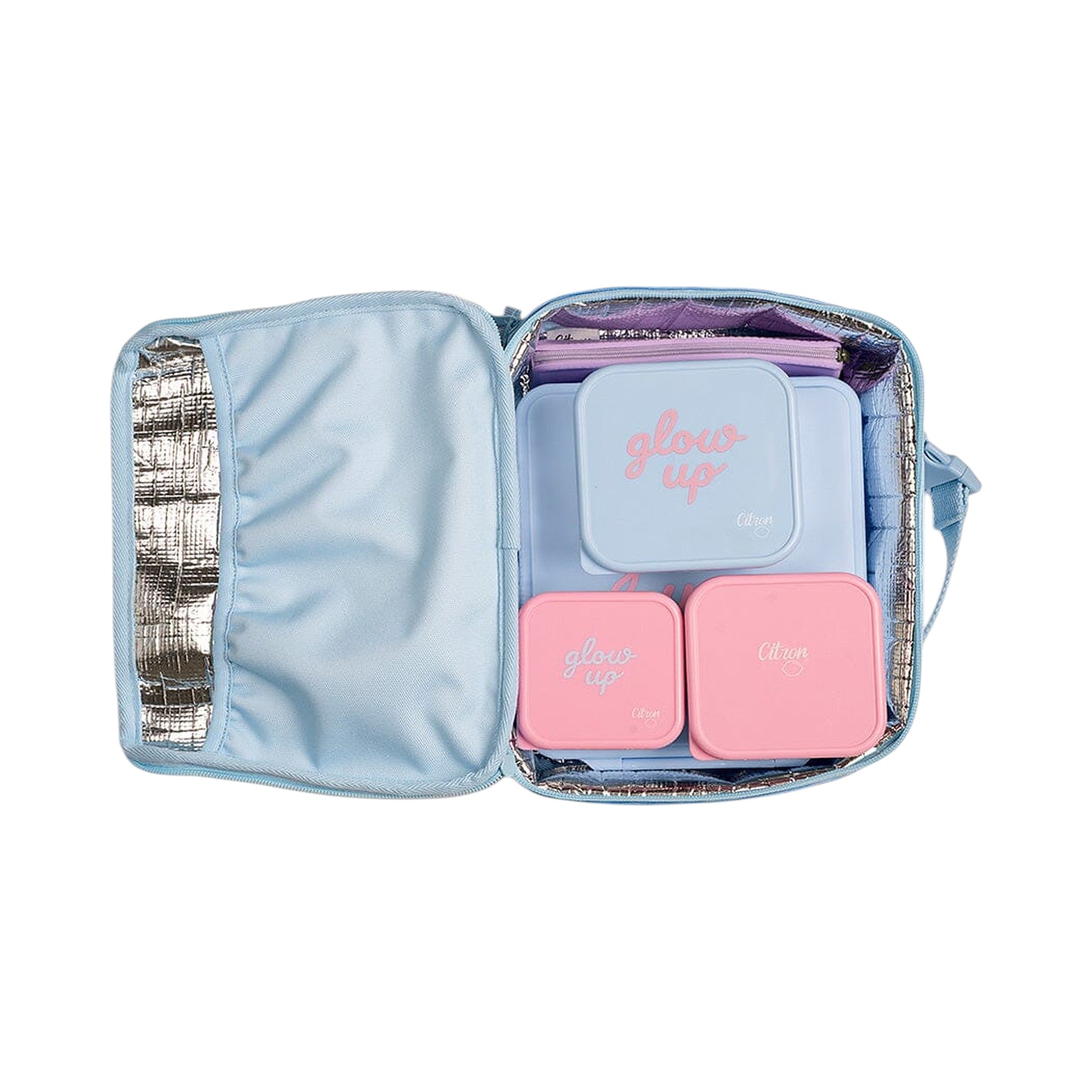 Lil Bunnies - The Collective blue insulated square lunch bag open with pink and blue food containers inside