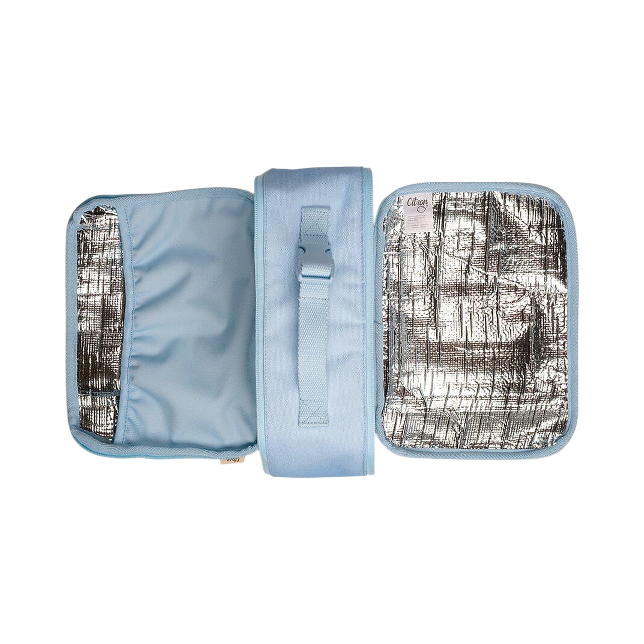 Lil Bunnies - The Collective blue insulated square lunch bag with silver thermal lining and top carry handle