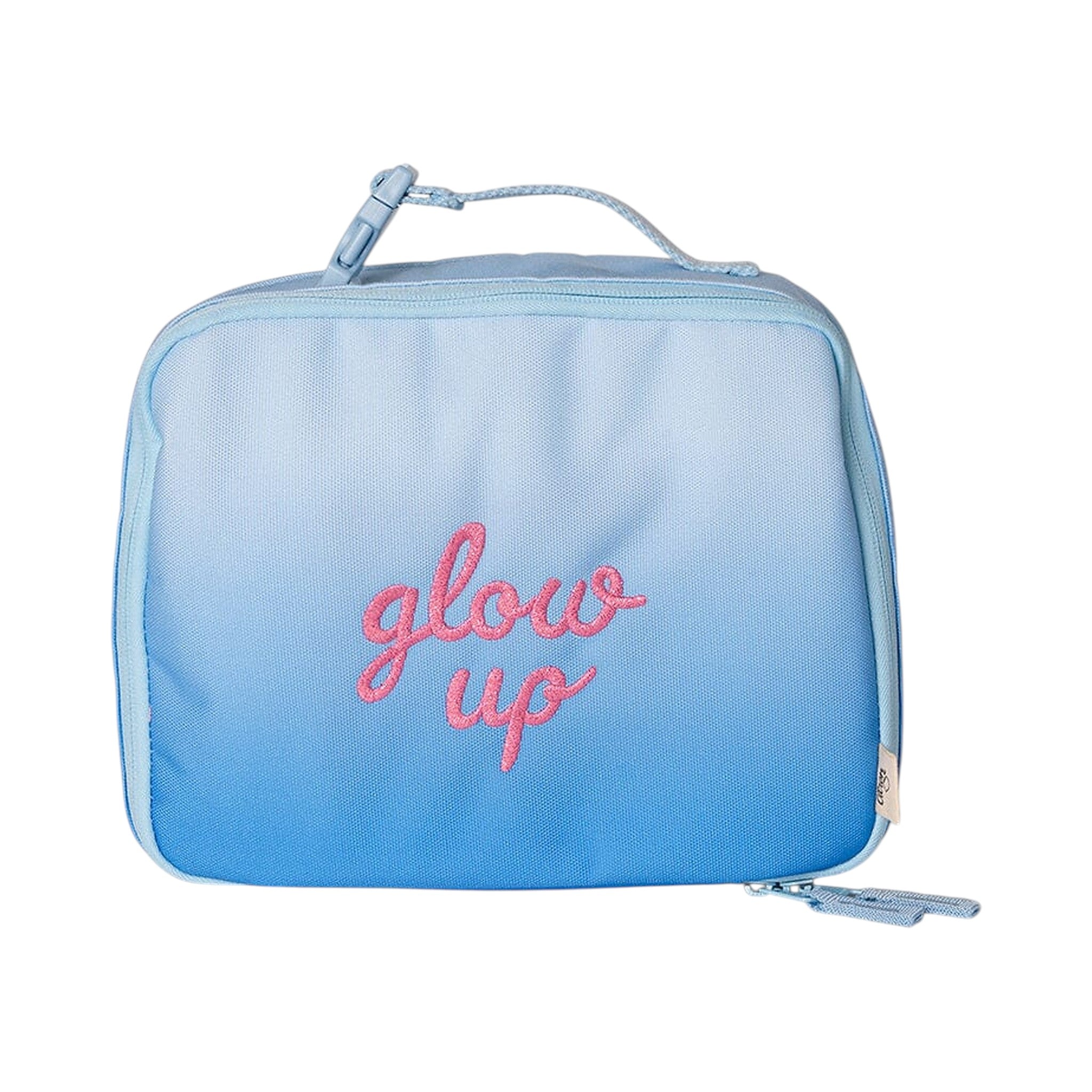 Lil Bunnies - The Collective insulated square lunch bag in blue ombre with pink glow up embroidery