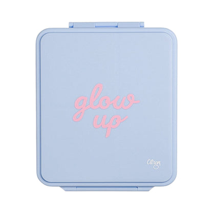 Lil Bunnies - The Collective blue lunchbox with pink glow up text and insulated food jar compartment